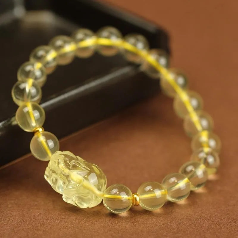 Yellow leather bracelet with citrine artificial crystal beads and Pi Xiu charm in Chinese national style
