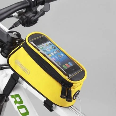 ROSWHEEL PVC bicycle frame bag for iPhone mounted on a bike frame, shown in red colour.