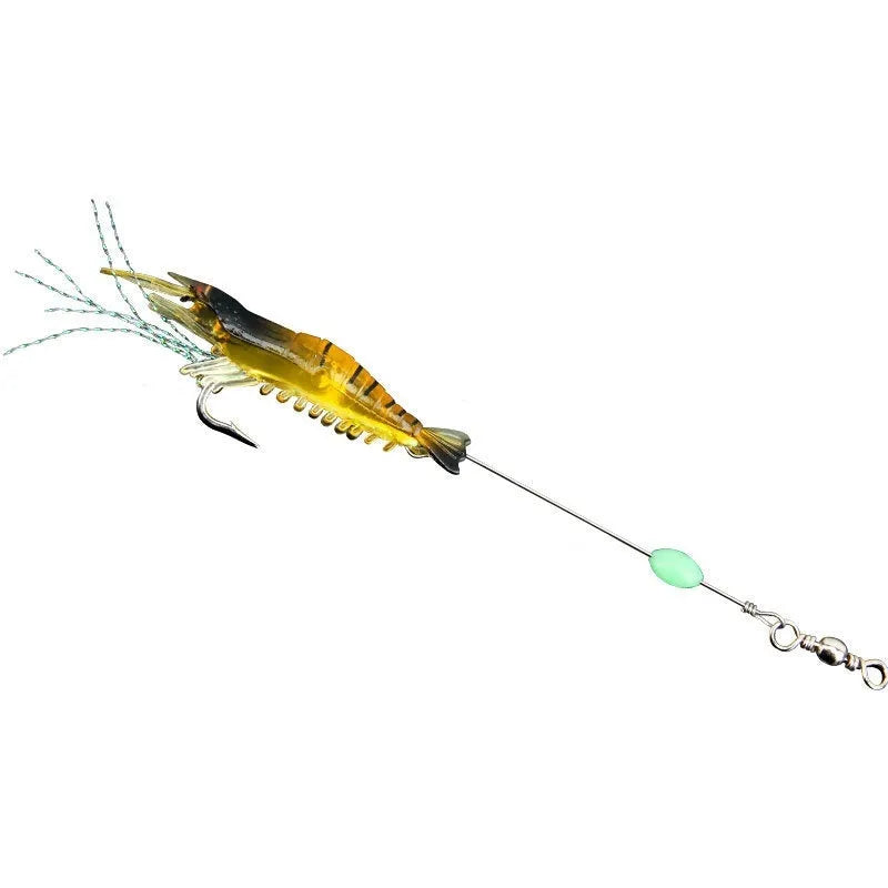 Pack of six soft fishing lures with hooks in various colours including luminous pink and black head yellow body.