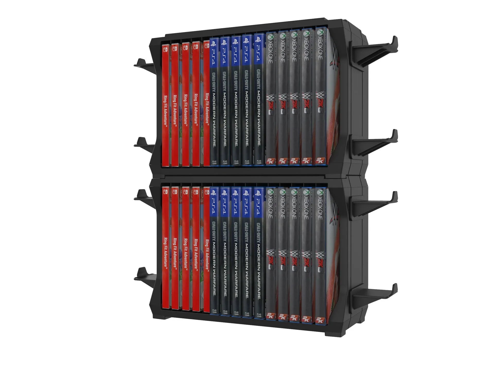 Black ABS gaming organiser stand holding game cases and four controllers for PS5 and Xbox Series X.