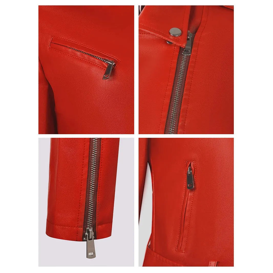 Women's black PU leather motorcycle-style jacket with lapel collar and waist belt on a hanger