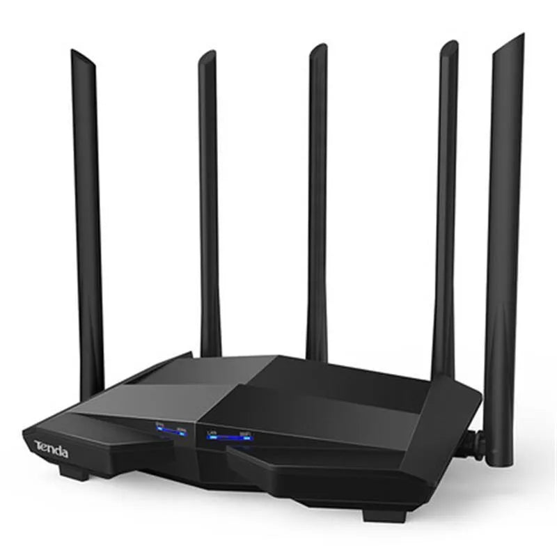 Black TP-Link AC11 Gigabit wireless router showing rear Gigabit Ethernet ports