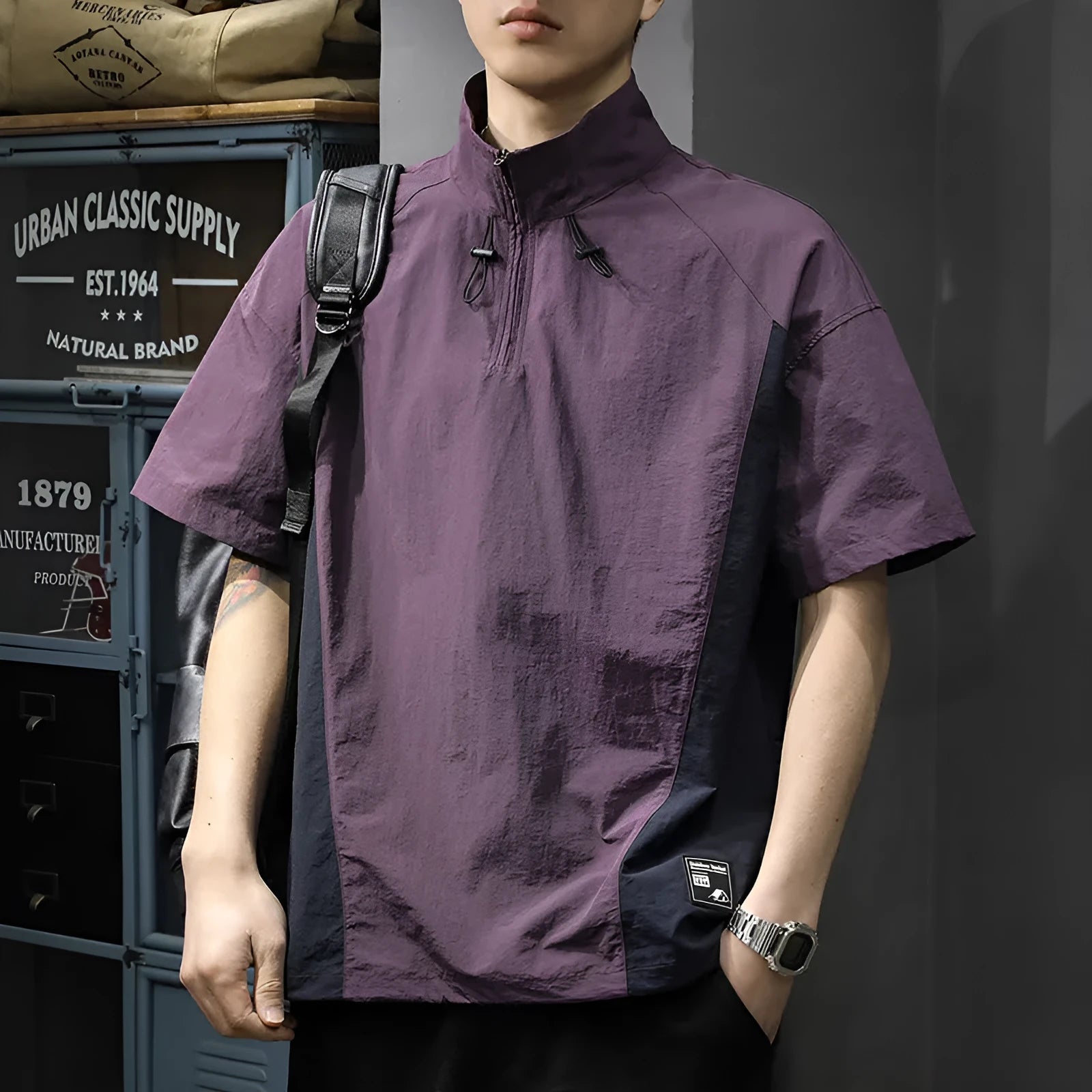 Men's brown ice silk half-zip business casual shirt with stand collar and short sleeves
