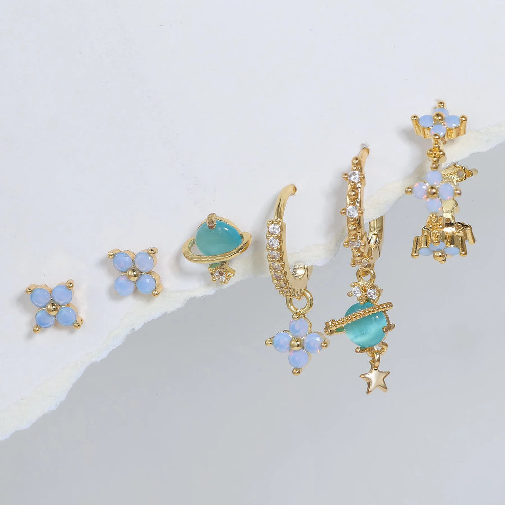 Gold and silver floral geometric stud earrings with zircon mosaic detail, Japanese Korean style.