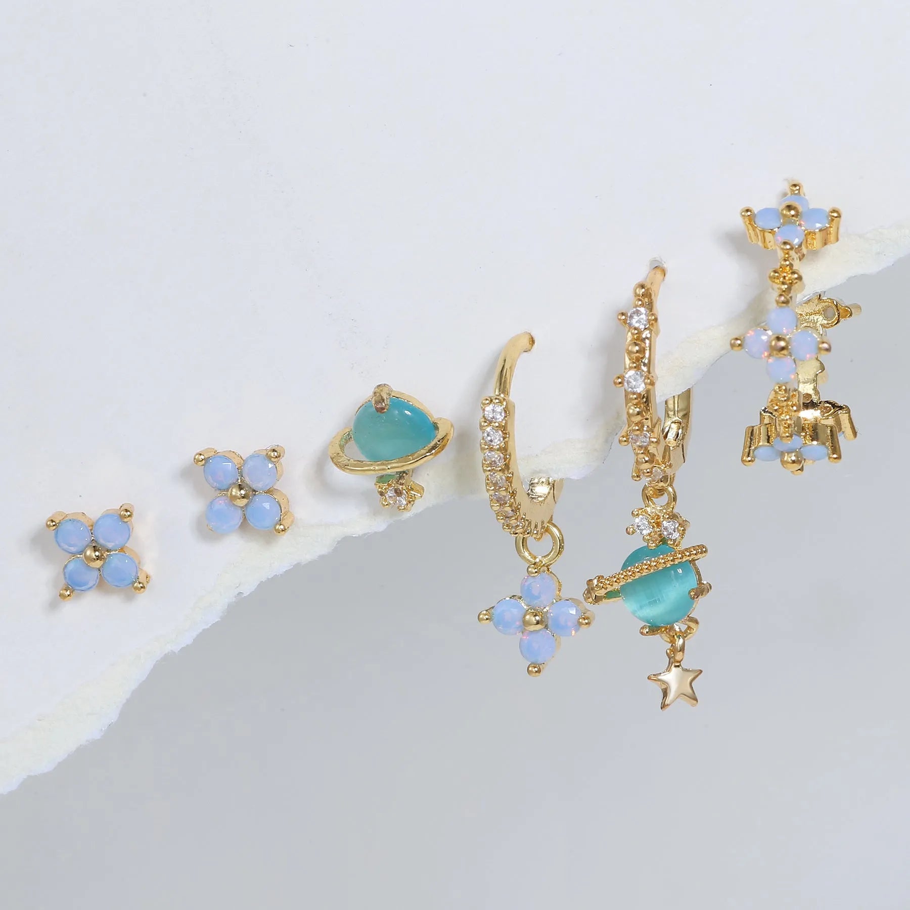 Gold and silver floral geometric stud earrings with zircon mosaic detail, Japanese Korean style.