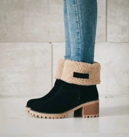Women's suede mid-calf snow boots with a thick heel and round toe in five colour options.
