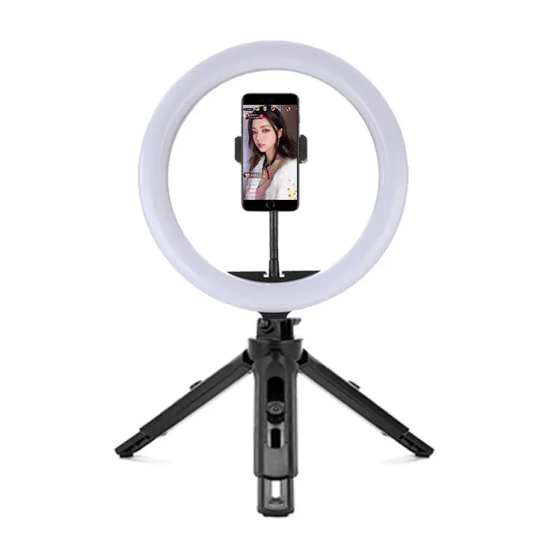 10-inch smartphone ring light on a 19cm adjustable metal tripod stand for selfies and video.