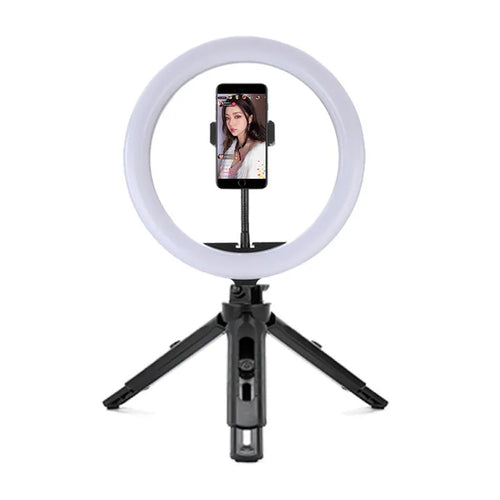 10-inch smartphone ring light on a 19cm adjustable metal tripod stand for selfies and video.