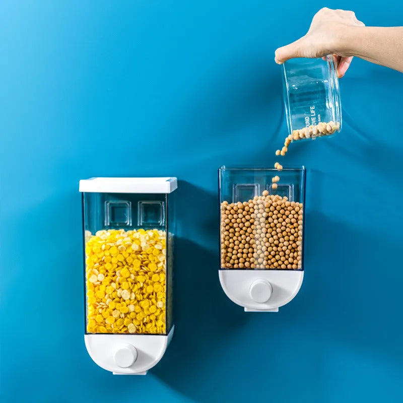 White wall-mounted transparent ABS easy press cereal dispenser with 1500ml capacity on a kitchen counter