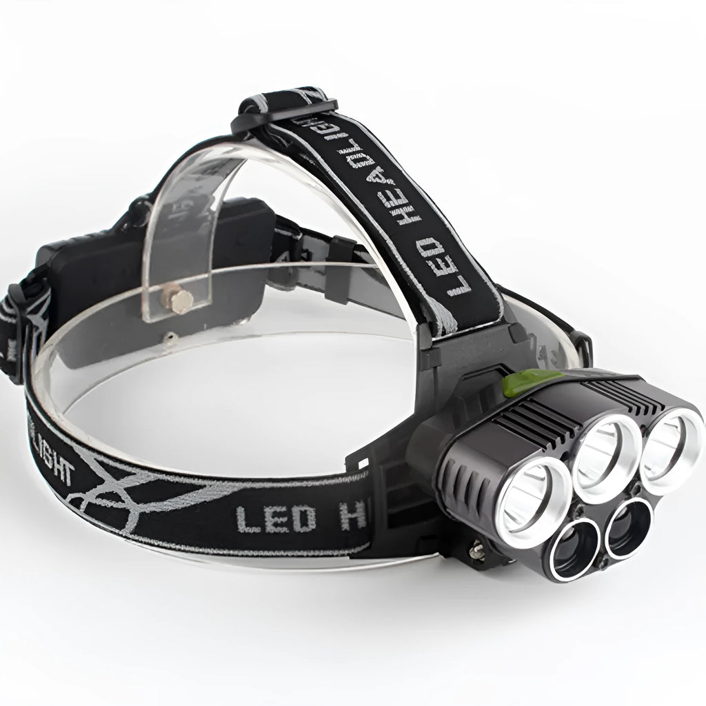 Outdoor head-mounted LED torch showing long-range beam, worn on head with adjustable strap.