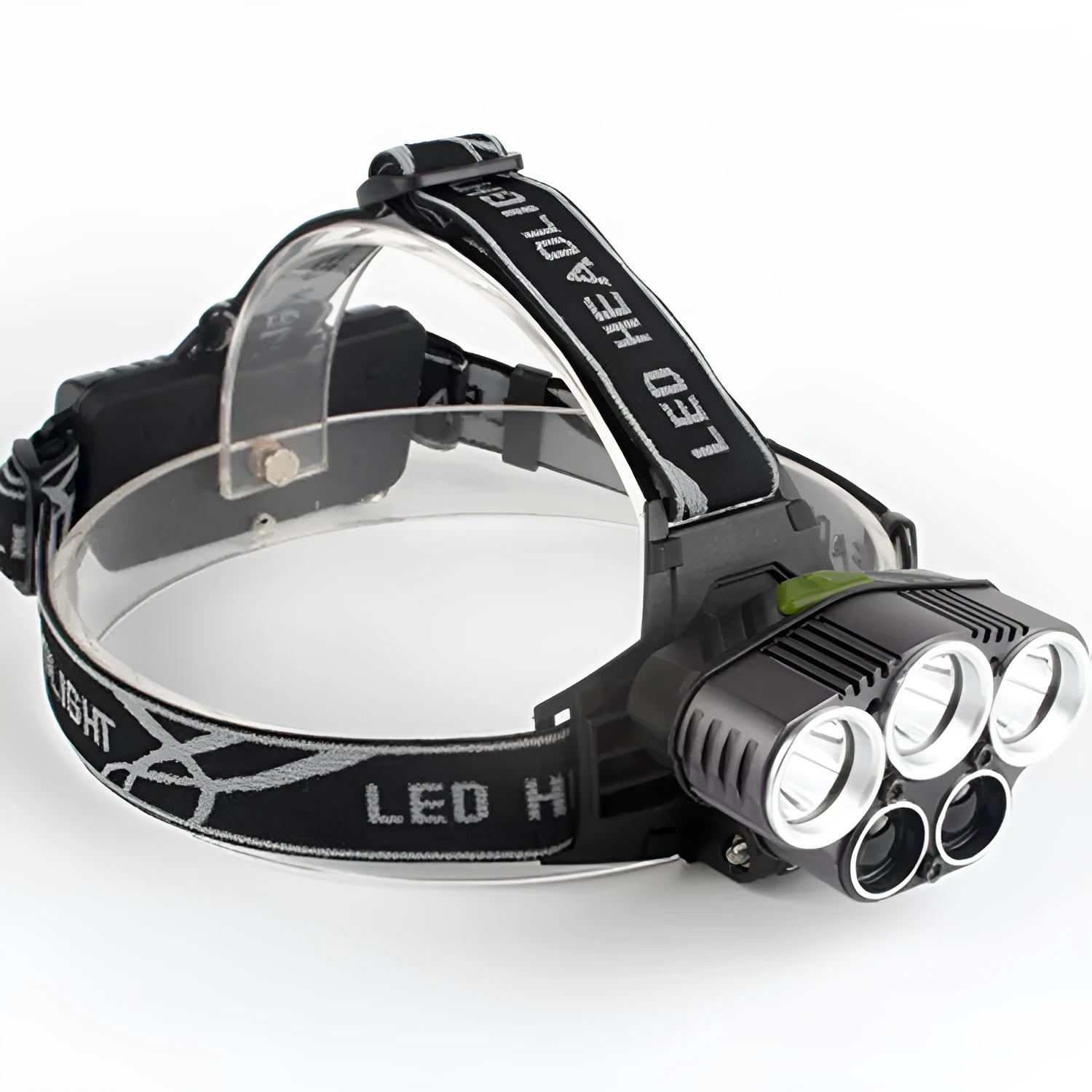 Outdoor head-mounted LED torch showing long-range beam, worn on head with adjustable strap.