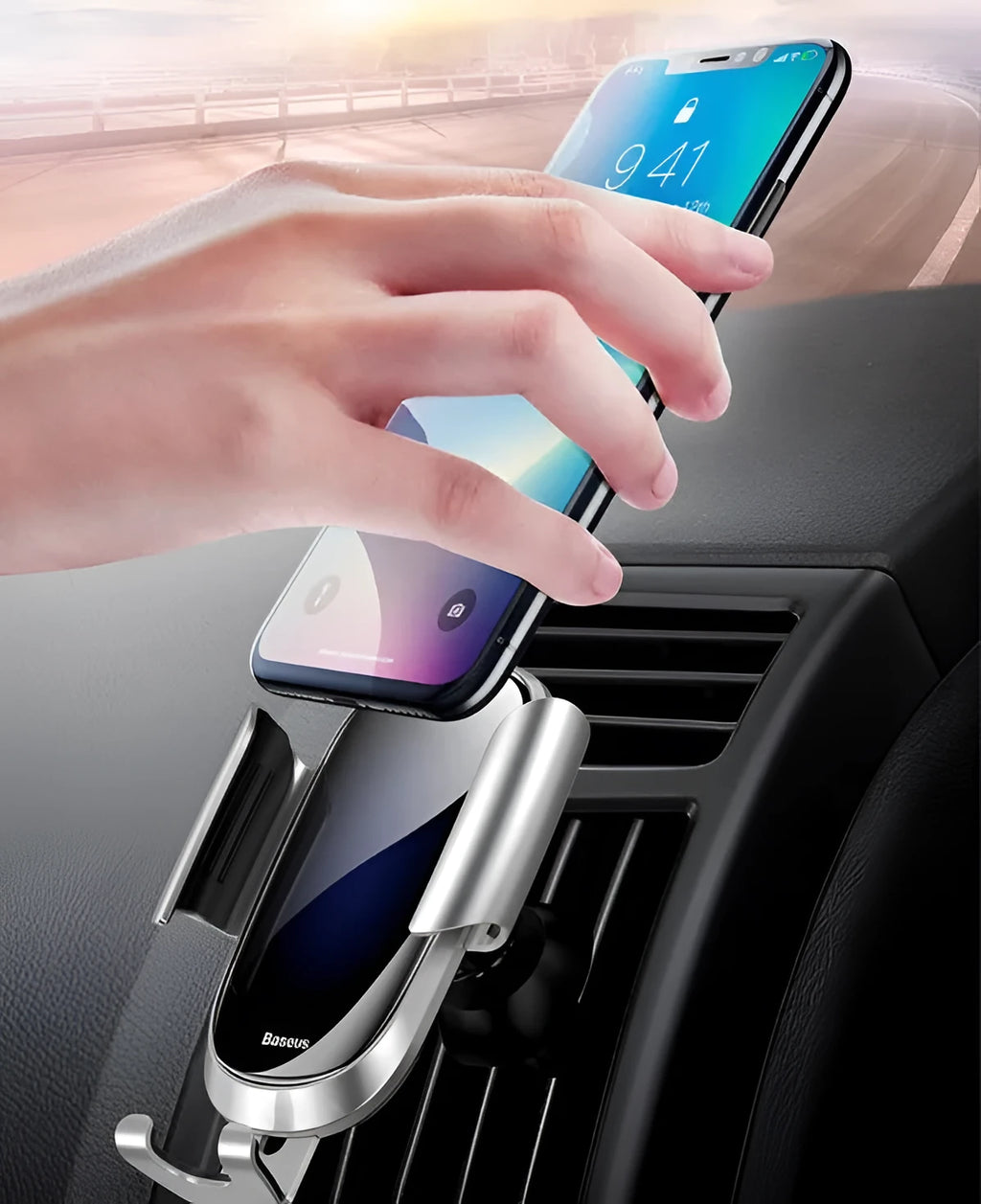 Universal smart car phone bracket with flexible gooseneck arm mounted on a car dashboard