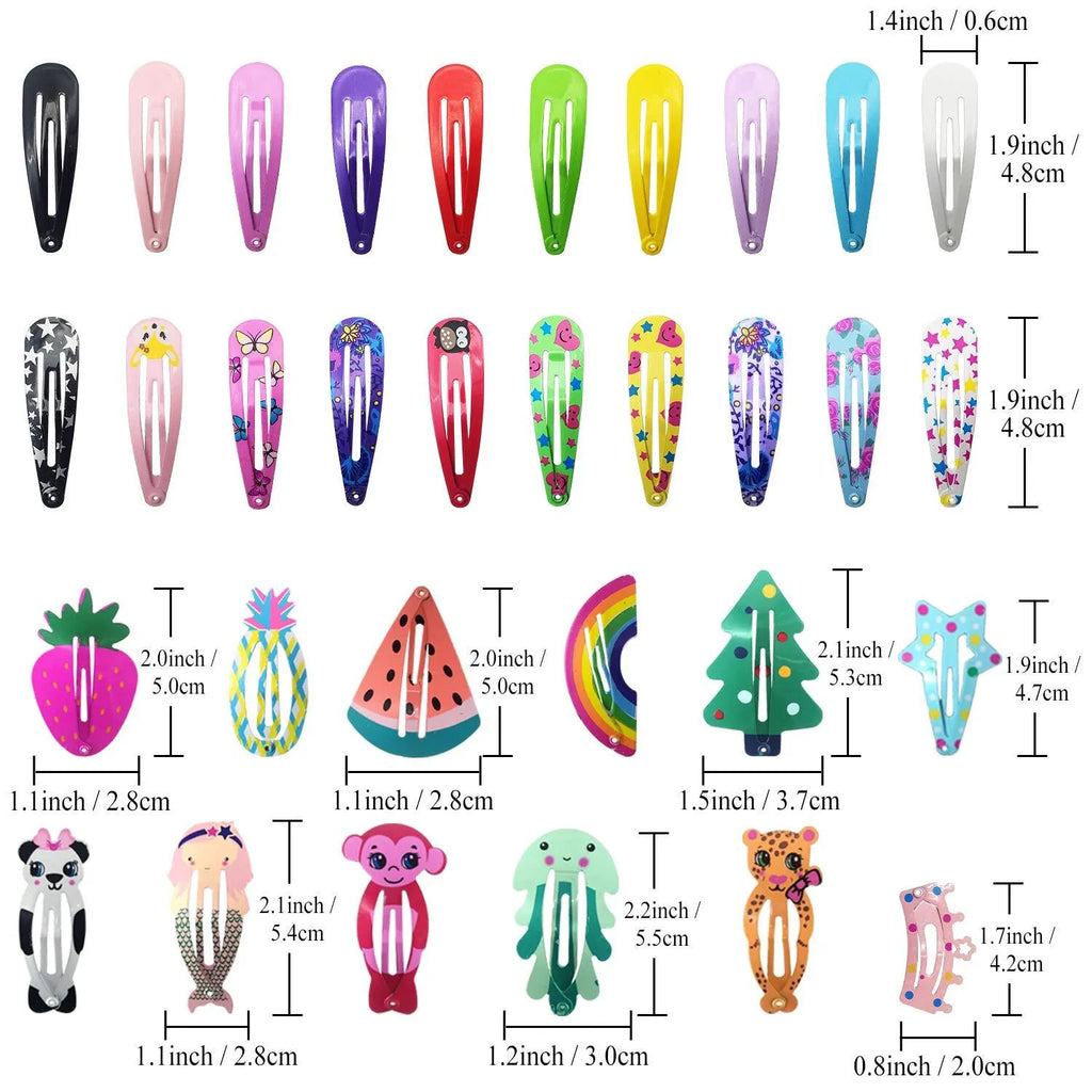 100-piece metal snap hair clips set showing assorted candy colours and cartoon designs including animals, fruits, crowns, and stars