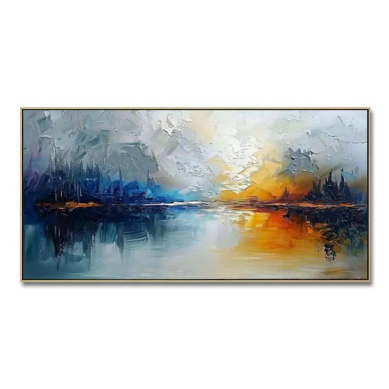 Handmade modern abstract landscape oil painting on canvas, large horizontal size
