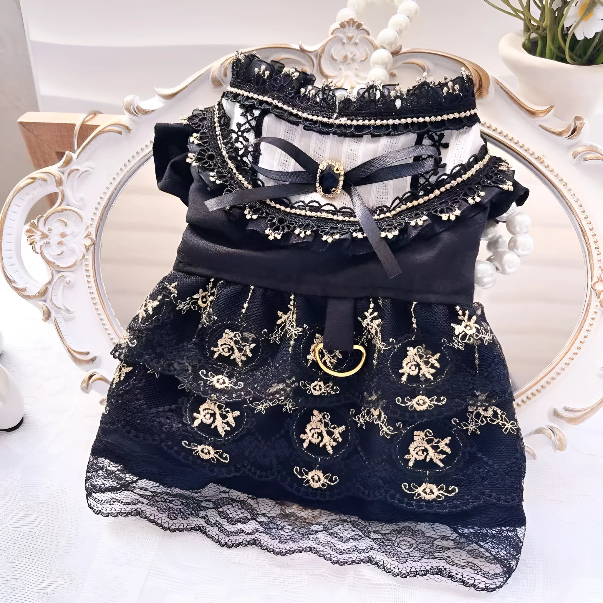 Golden gothic princess style polyester skirt costume for cats and dogs showing size range from XS to XL