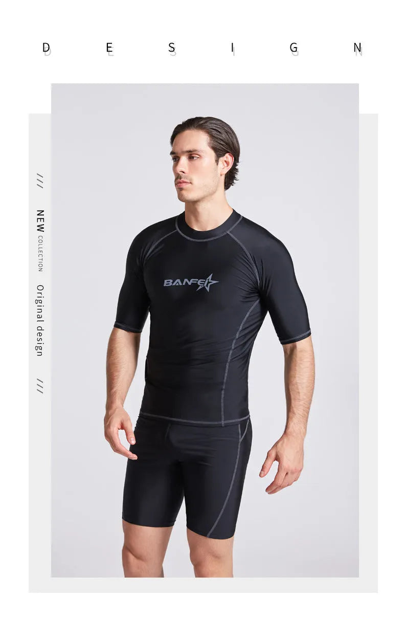 Men's navy blue quick-drying half sleeve wetsuit suit for swimming and snorkelling.