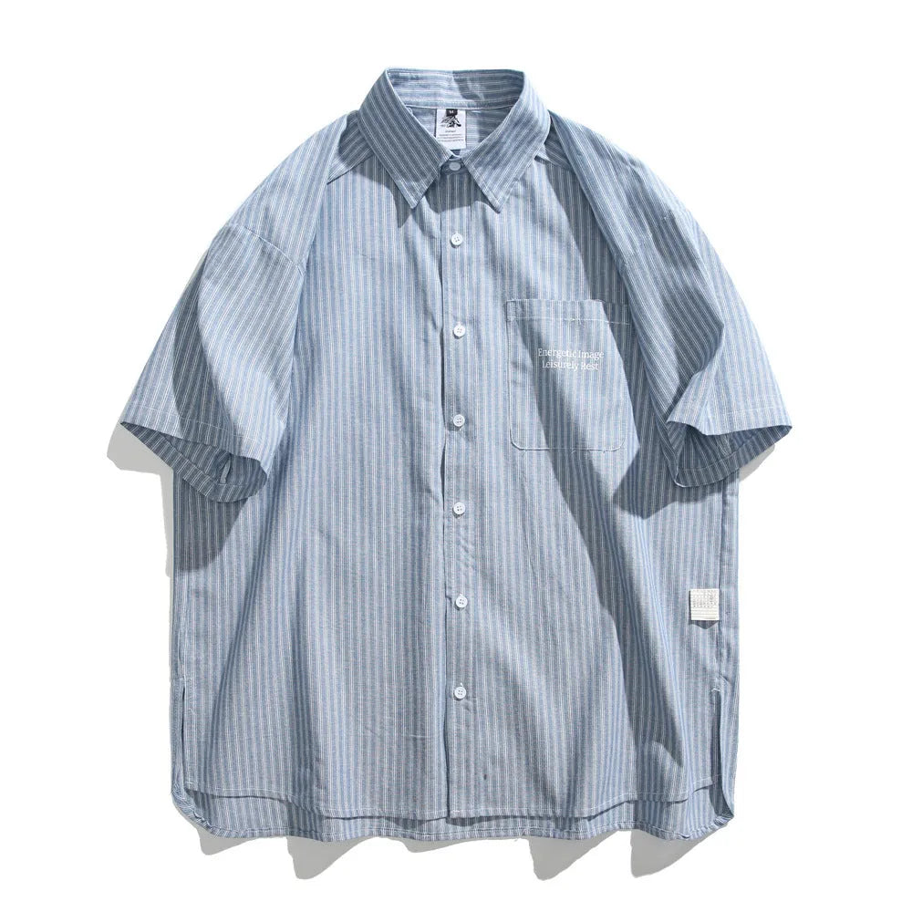 Blue striped short-sleeved overall shirt with cardigan style in cotton blend fabric