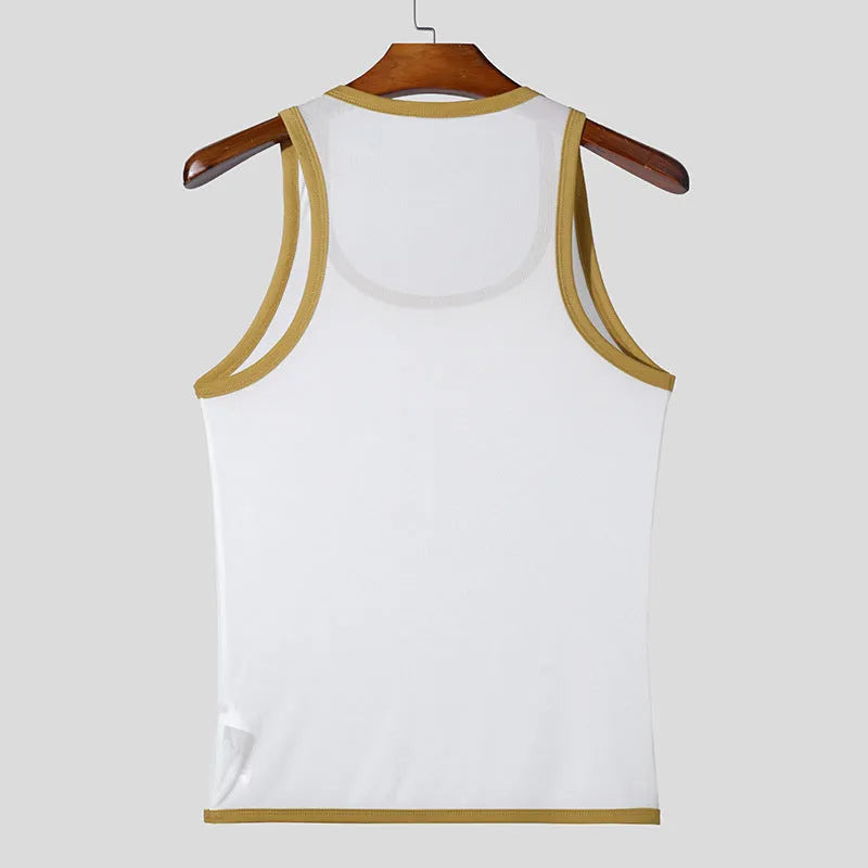 Men's white polyester mesh fitness vest with straight hem on athletic model
