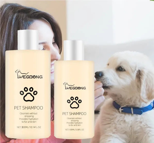 Bottle of mild pet shampoo for dogs, options for 100ml and 300ml sizes.