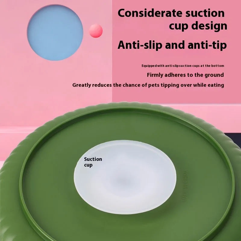 Pet slow feeder bowl with rotating game board design and silicone feeding pads in windmill pattern