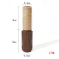 A tall, narrow sisal scratching post for cats on a floor.