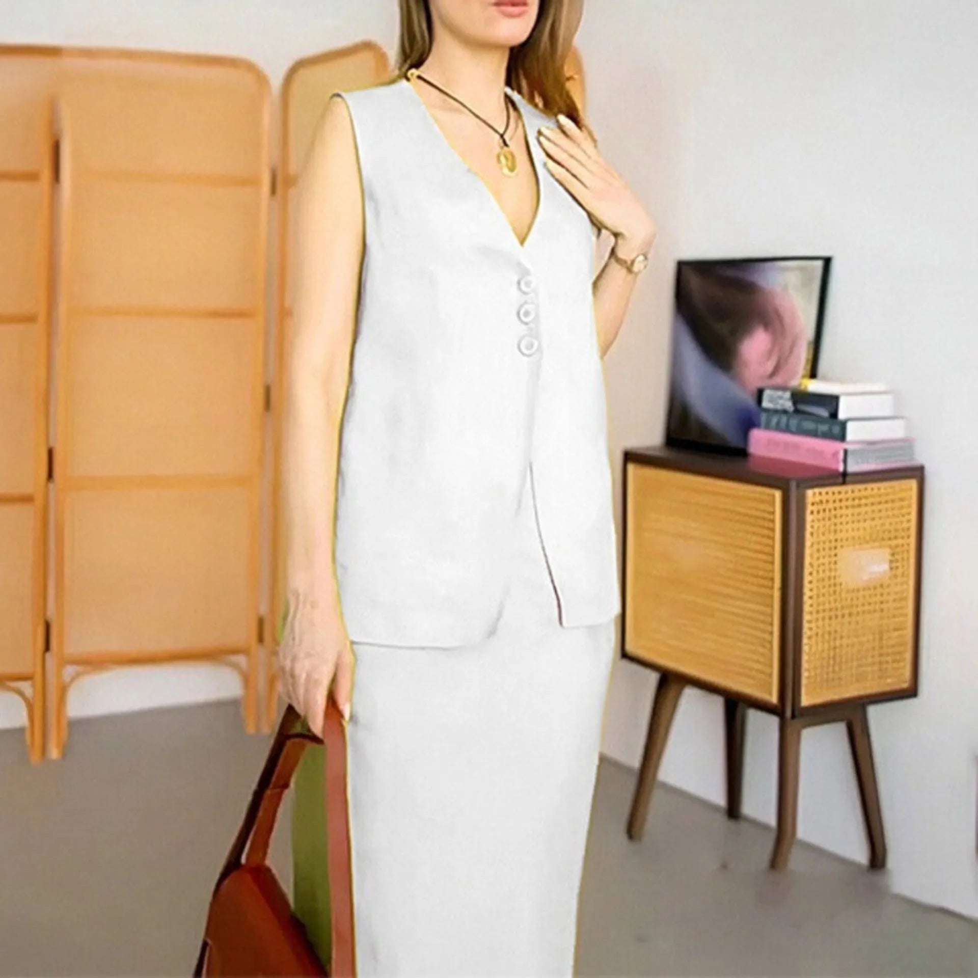 Women's casual white polyester vest and long skirt two-piece suit set on a hanger