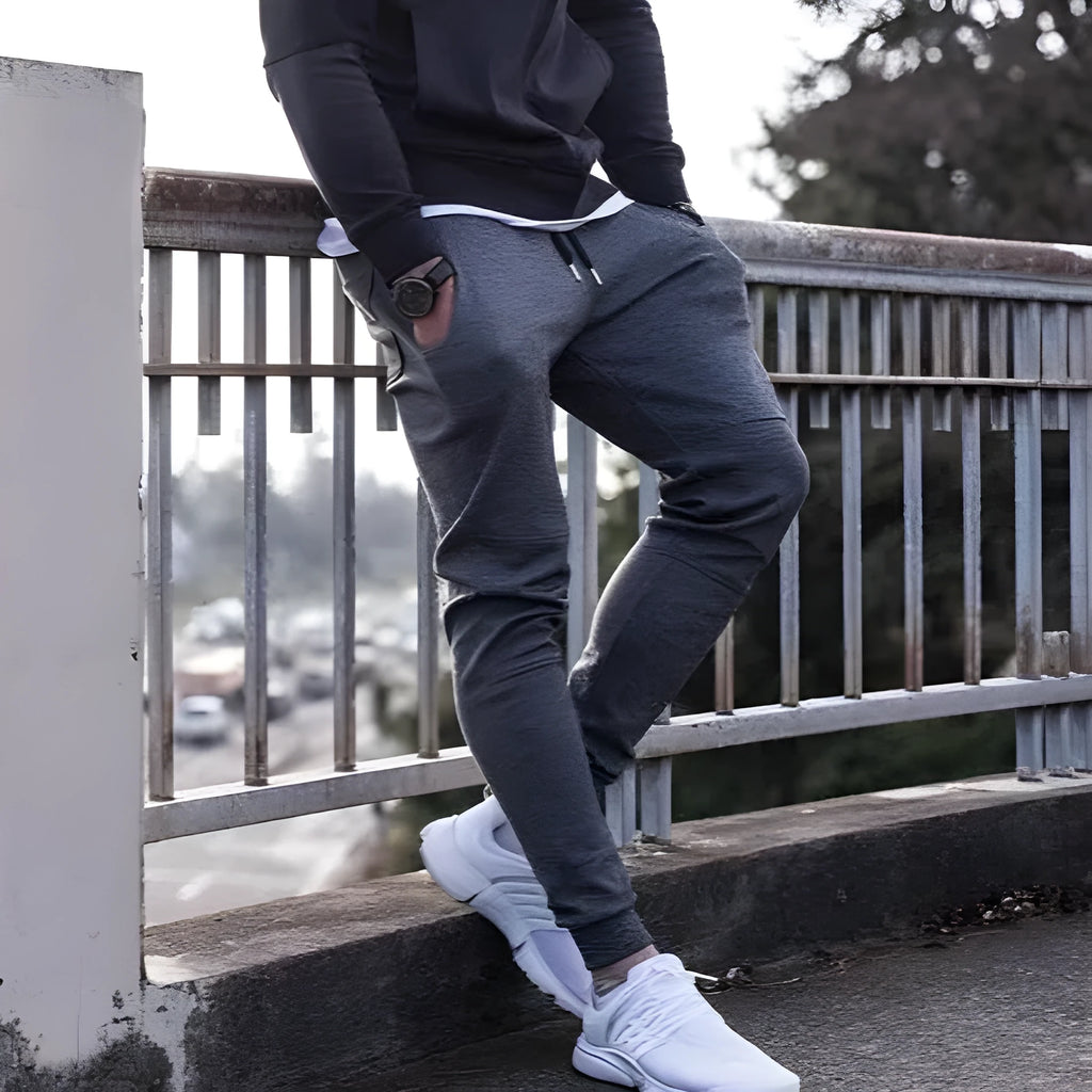 Mens black cotton sweatpants joggers with elastic waistband, gym fitness trousers