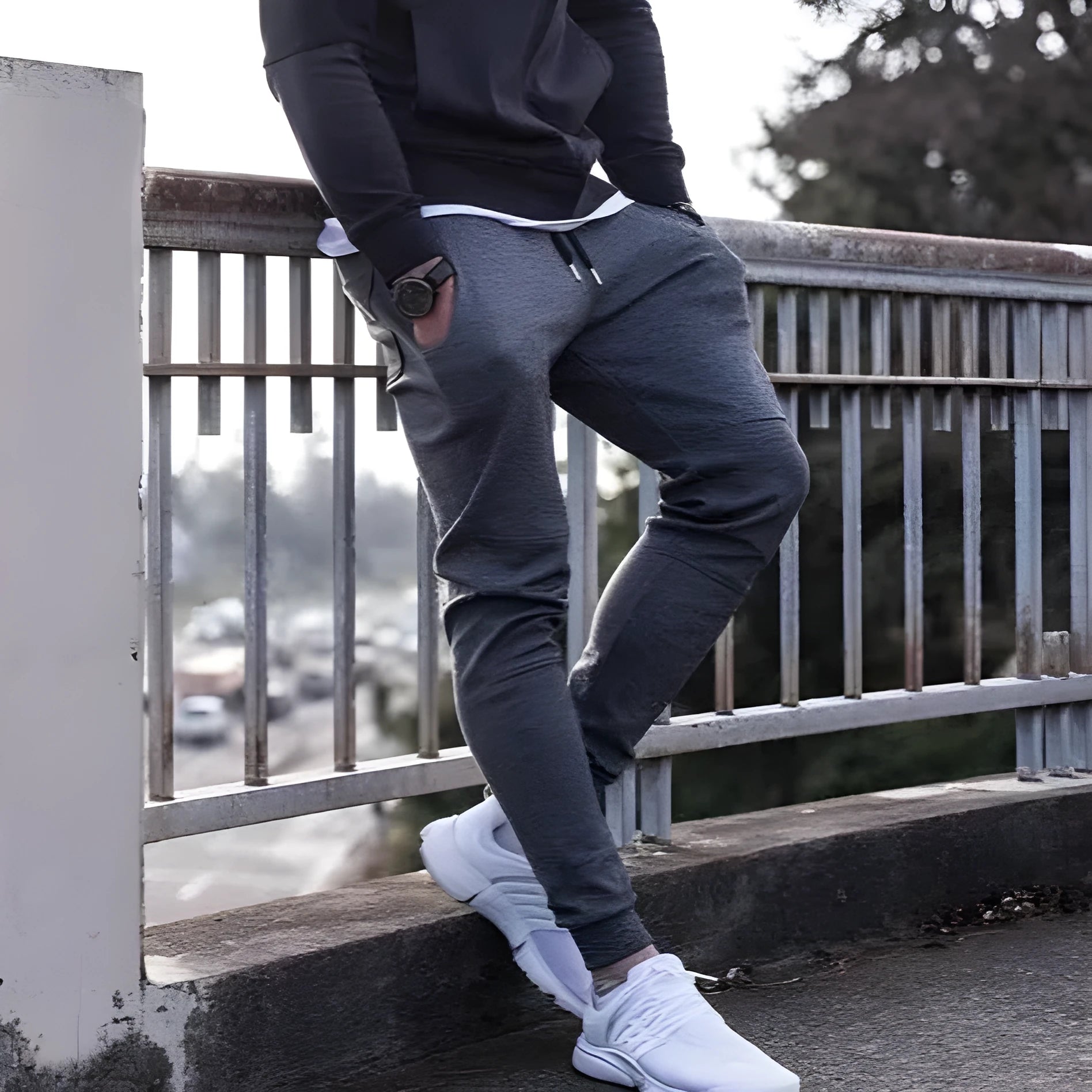 Mens black cotton sweatpants joggers with elastic waistband, gym fitness trousers