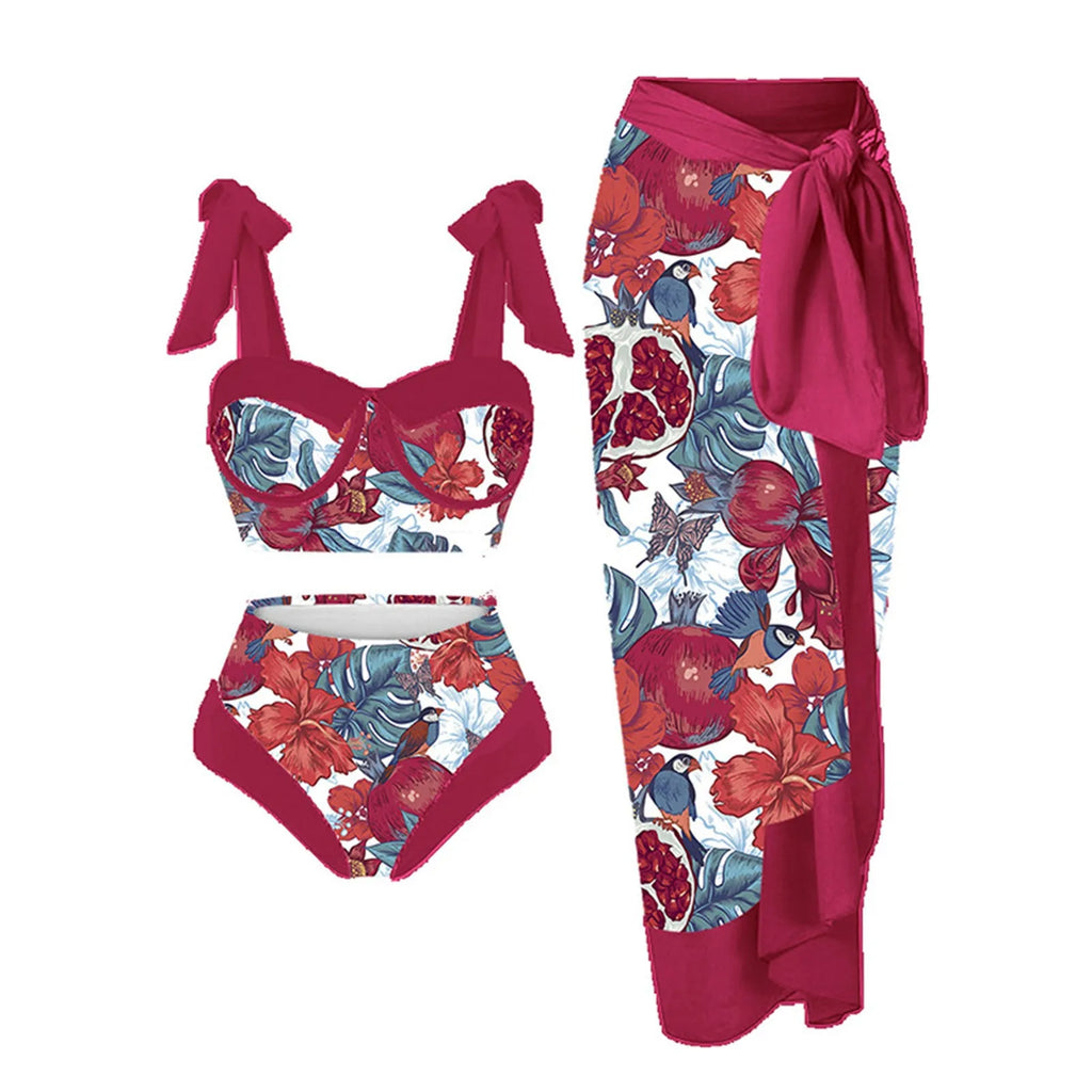 Women's three-piece swimsuit set with printing pattern showing skirt, bra and panties components
