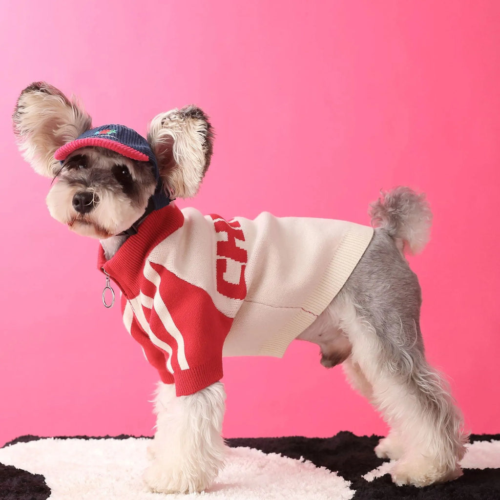 Red wool dog sweater cardigan on a mannequin, showing casual sports style and knit texture.