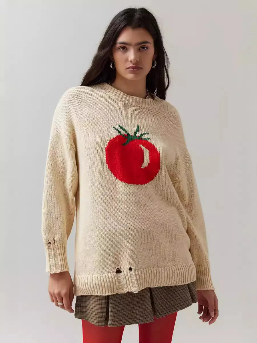 Women's milky white loose-fit acrylic jumper with jacquard knitting detail on front.