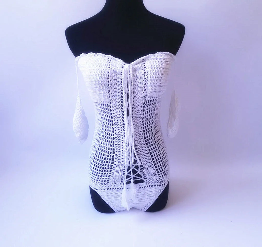 Off-shoulder one-piece swimsuit in polyester fabric showing colour options and S M L sizing