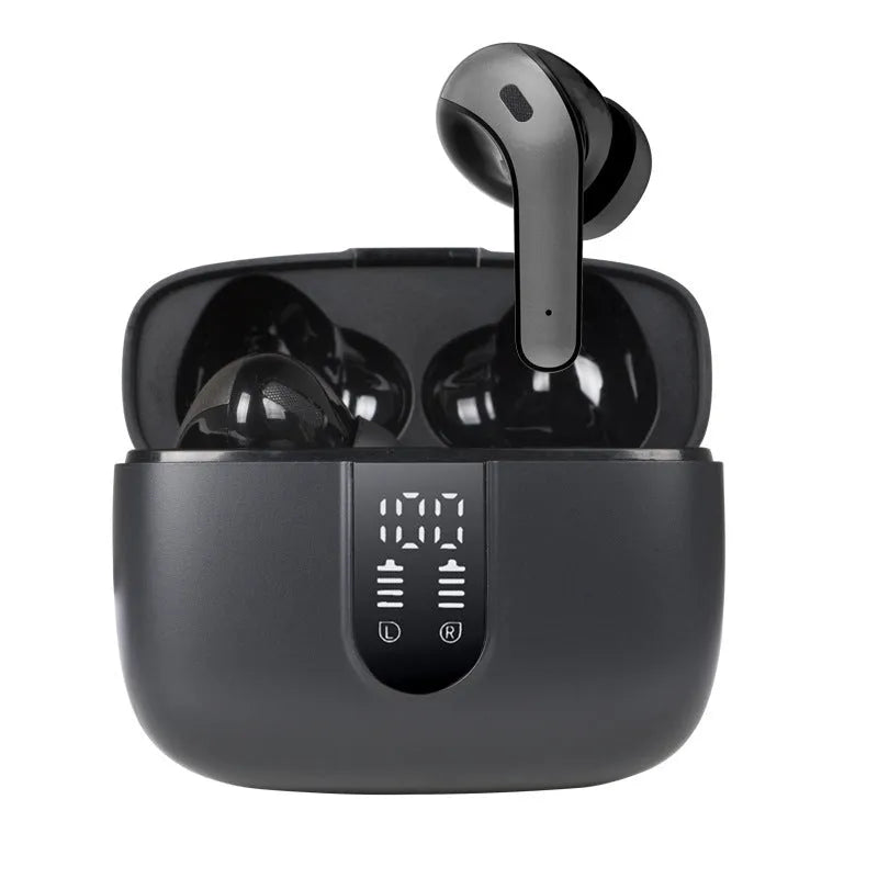 Jerry X08 black wireless Bluetooth in-ear headset with digital display and USB charging case.