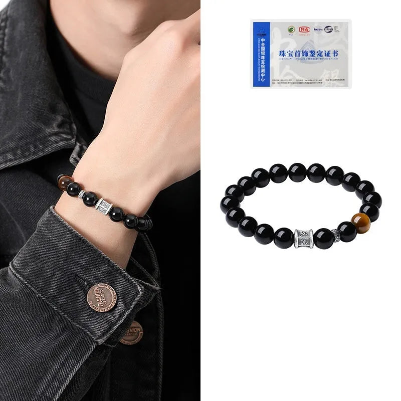 Men's black obsidian mantra bracelet with 10mm prayer wheel beads and silver connections
