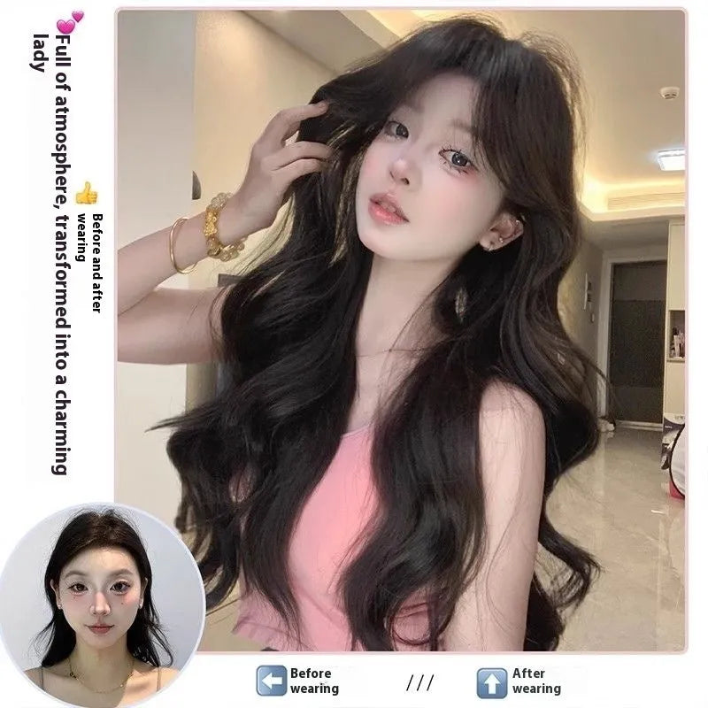 Natural black high temperature fiber wig with big wave style and breathable cap for ladies
