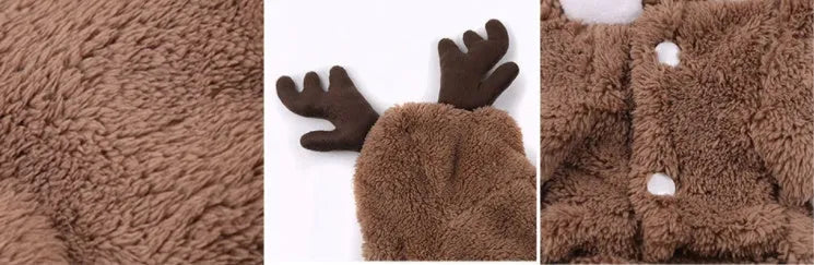 Brown Christmas pet Santa costume made from cotton-style cloth with four-leg design, available in sizes XS to 7XL