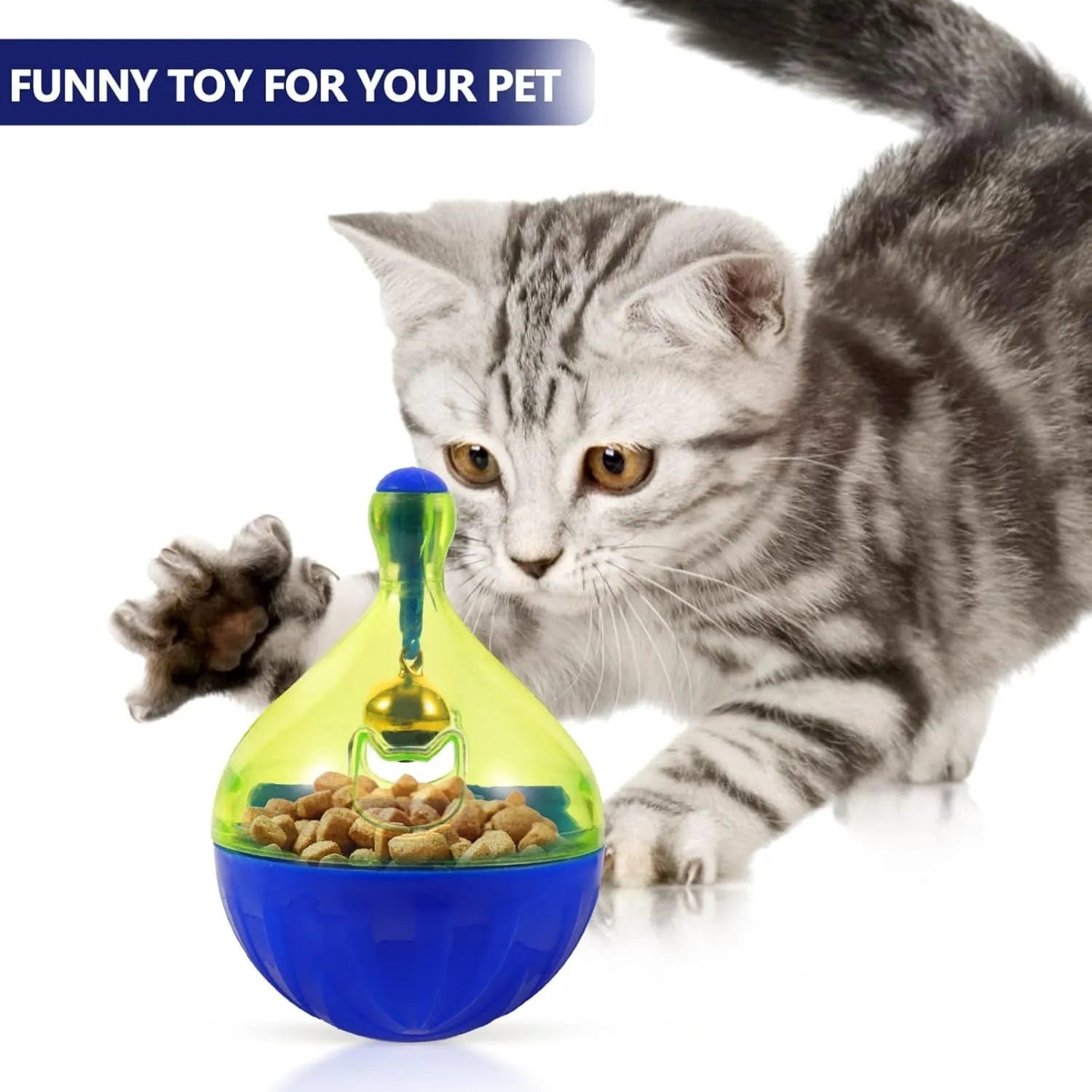 Durable interactive tumbler treat dispenser toy for small dogs and cats.