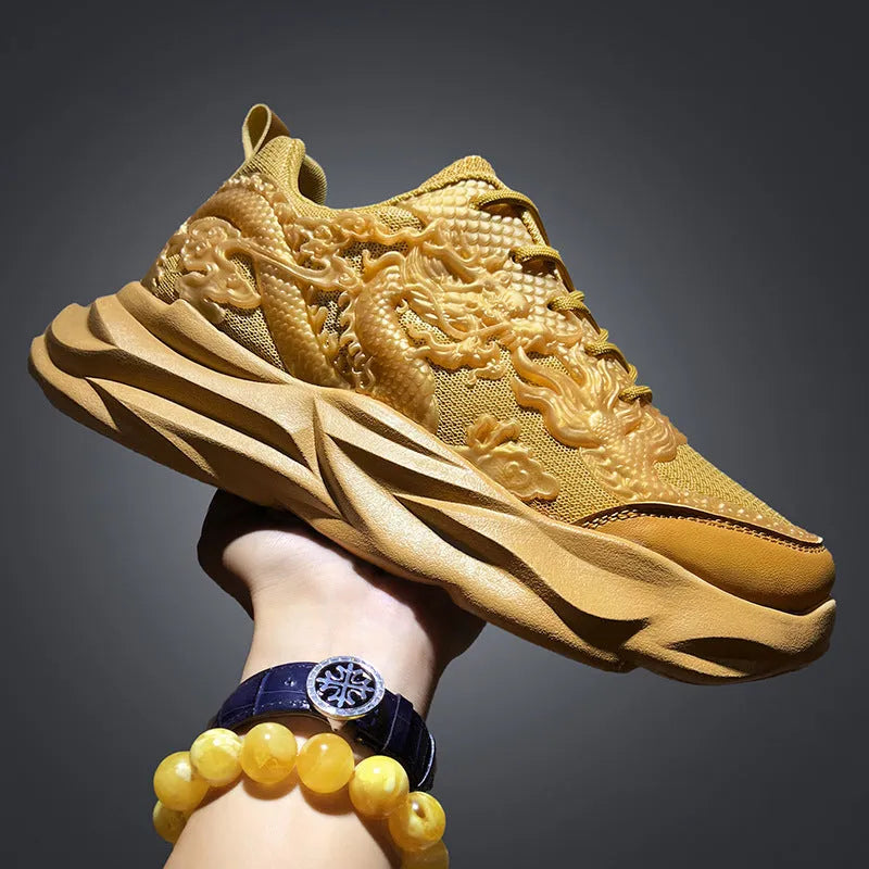 Men's casual sneakers with micro-fibre knit upper and rubber soles in dragon design colours
