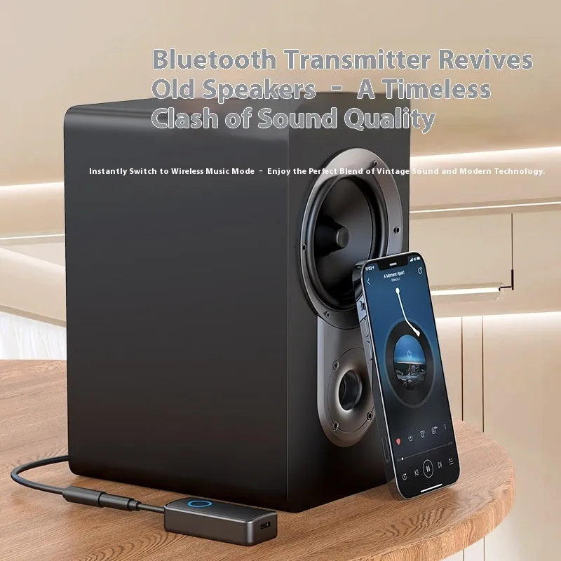 Black Bluetooth 5.4 audio adapter with 3.5mm plug for wireless conversion of wired audio devices