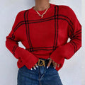Women's loose fit plaid pullover sweater with apricot, black, beige, red, and green colour-block stripes