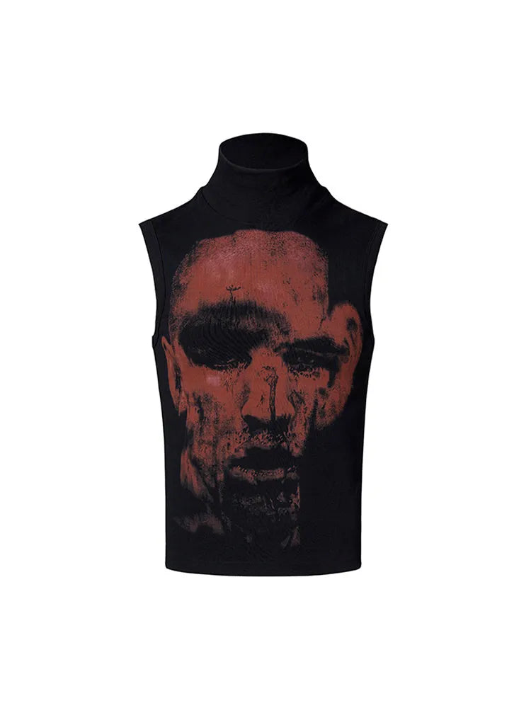 Men's half turtleneck sleeveless t-shirt slim fit printed cotton top