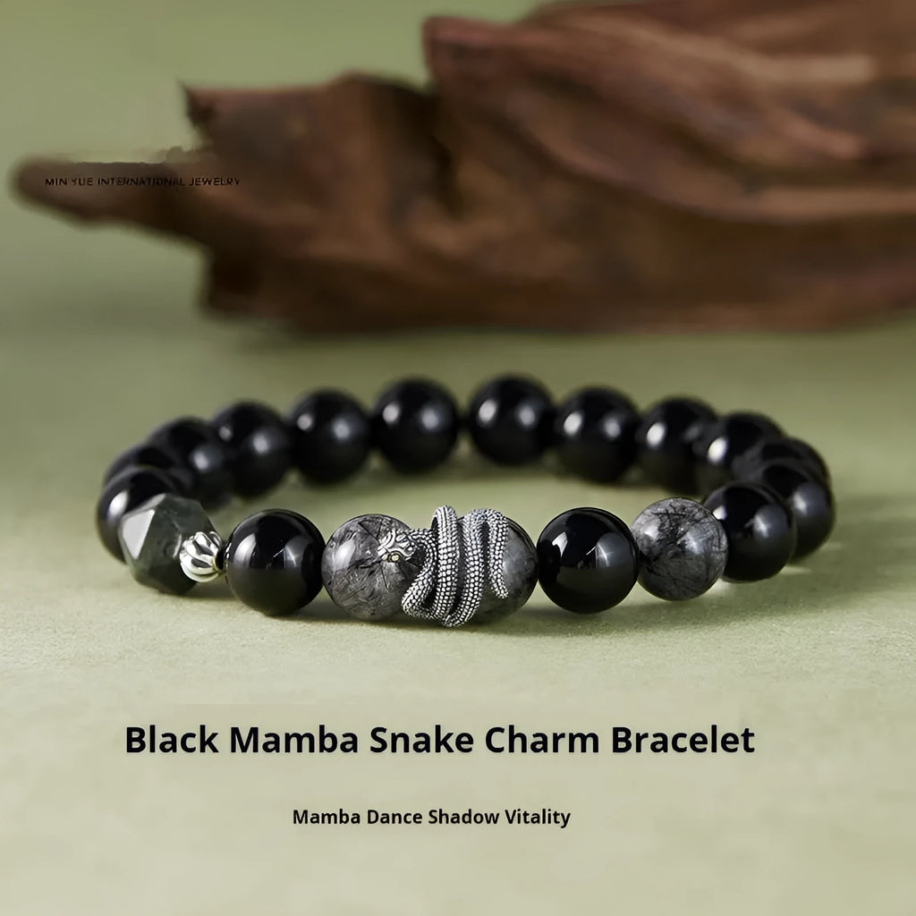 Men's S925 sterling silver bracelet with obsidian black hair crystal snake year design measuring 10mm width