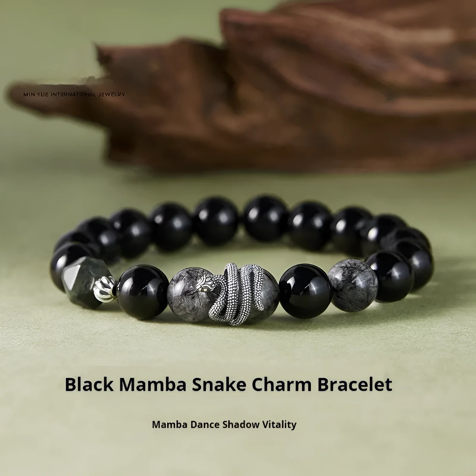 Men's S925 sterling silver bracelet with obsidian black hair crystal snake year design measuring 10mm width