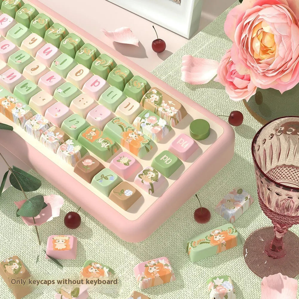 Mu Xia Garden Summer Garden design key cap set for mechanical keyboards, showing colourful graphic on keys.