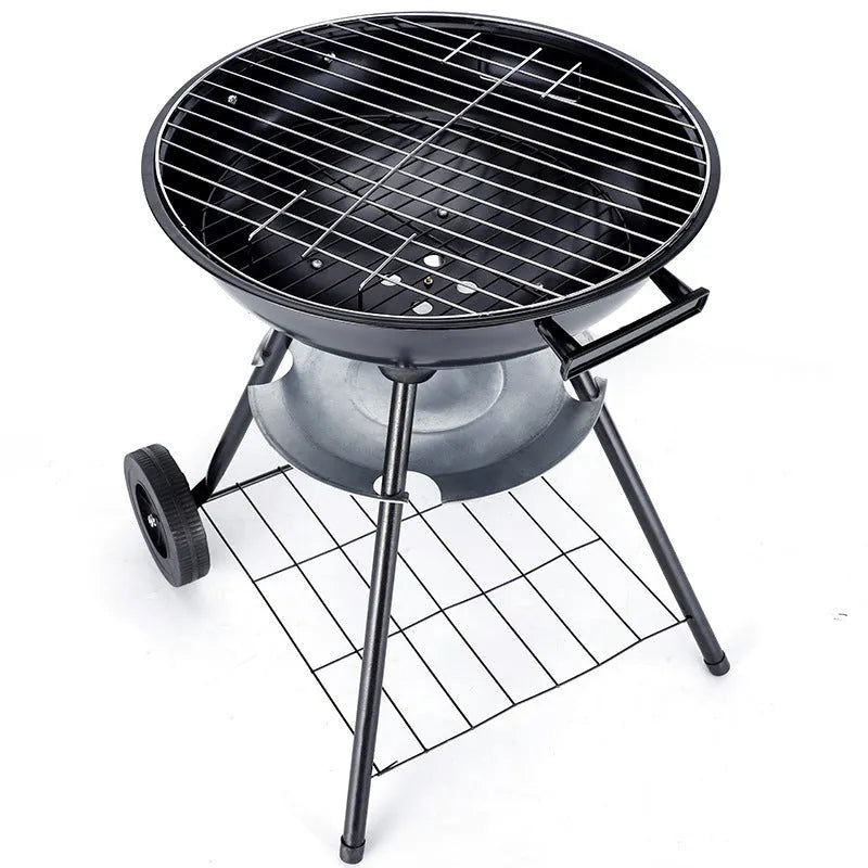 Portable iron barbecue grill with a 14-inch circular cooking grate.