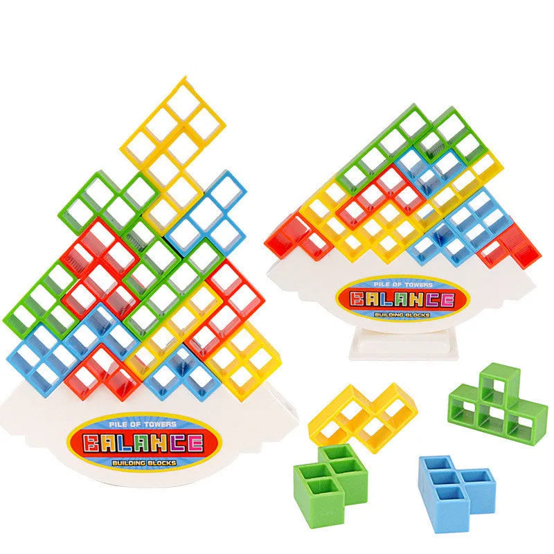 Plastic balance stacking game with coloured blocks on chassis for family play