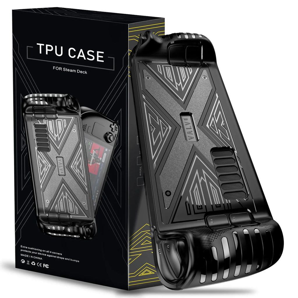 Steam Deck gaming console inside a soft TPU protective case, shown in red colour.