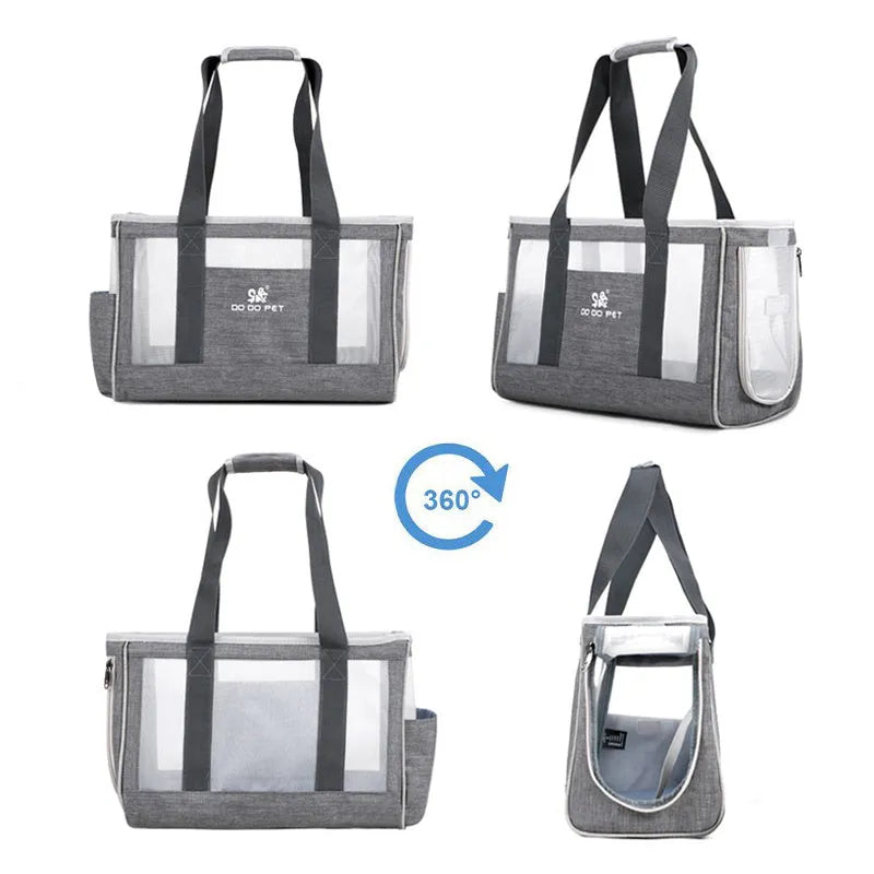 Grey large capacity Oxford cloth pet carrier backpack for dogs and cats with breathable mesh side panels