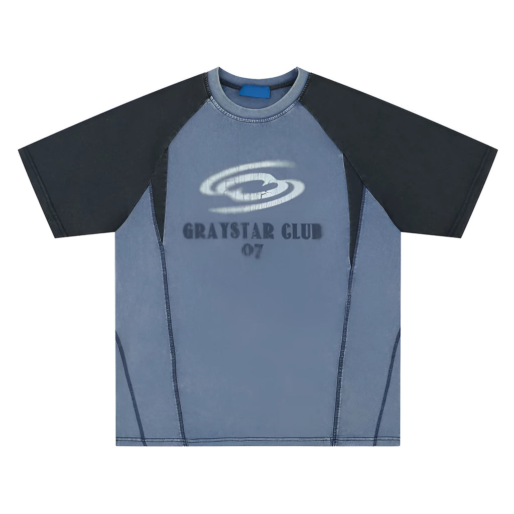 Men's blue hip hop letter print T-shirt with raglan sleeves, laid flat.