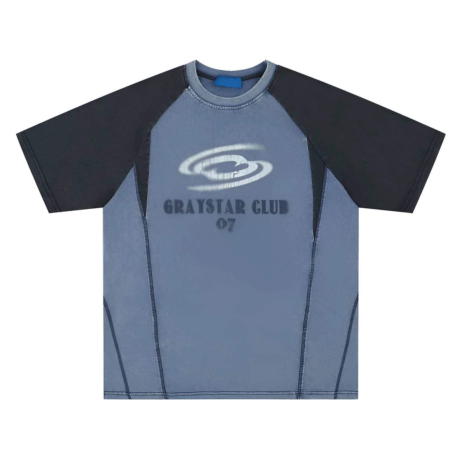 Men's blue hip hop letter print T-shirt with raglan sleeves, laid flat.